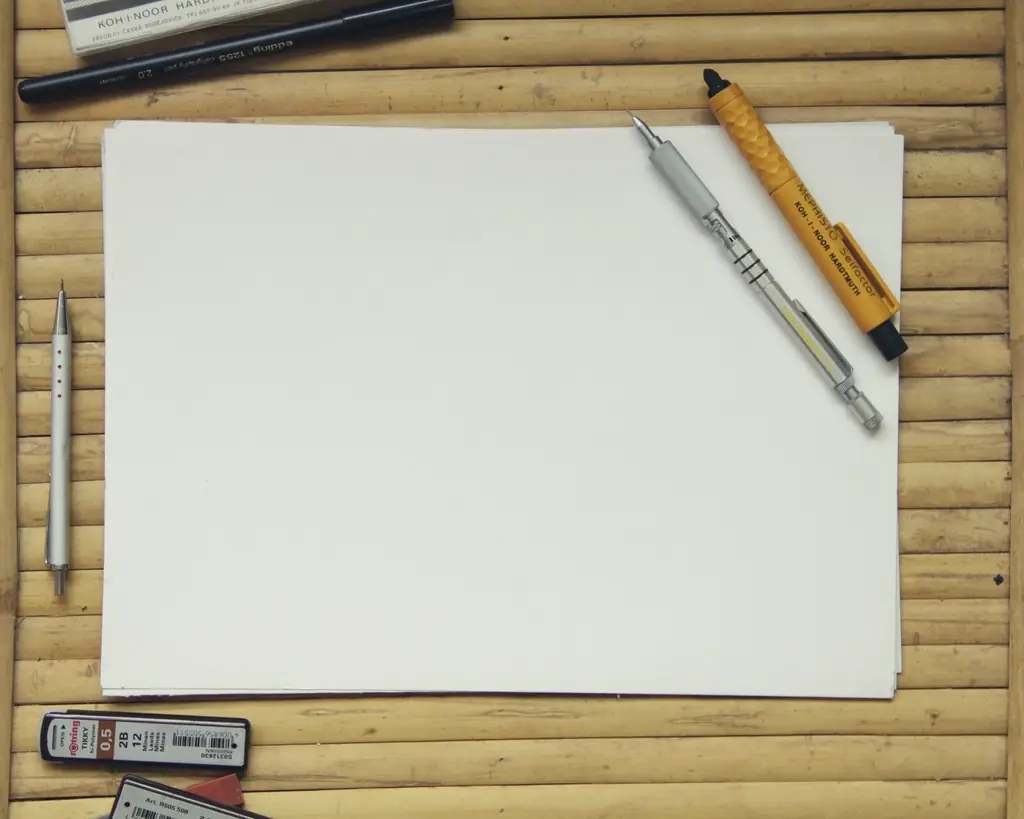 A blank sheet of paper on a bamboo desk mat, seen from above