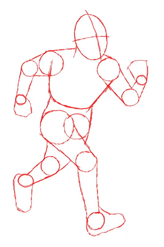 Running figure, pass 1: rough shapes in red pencil