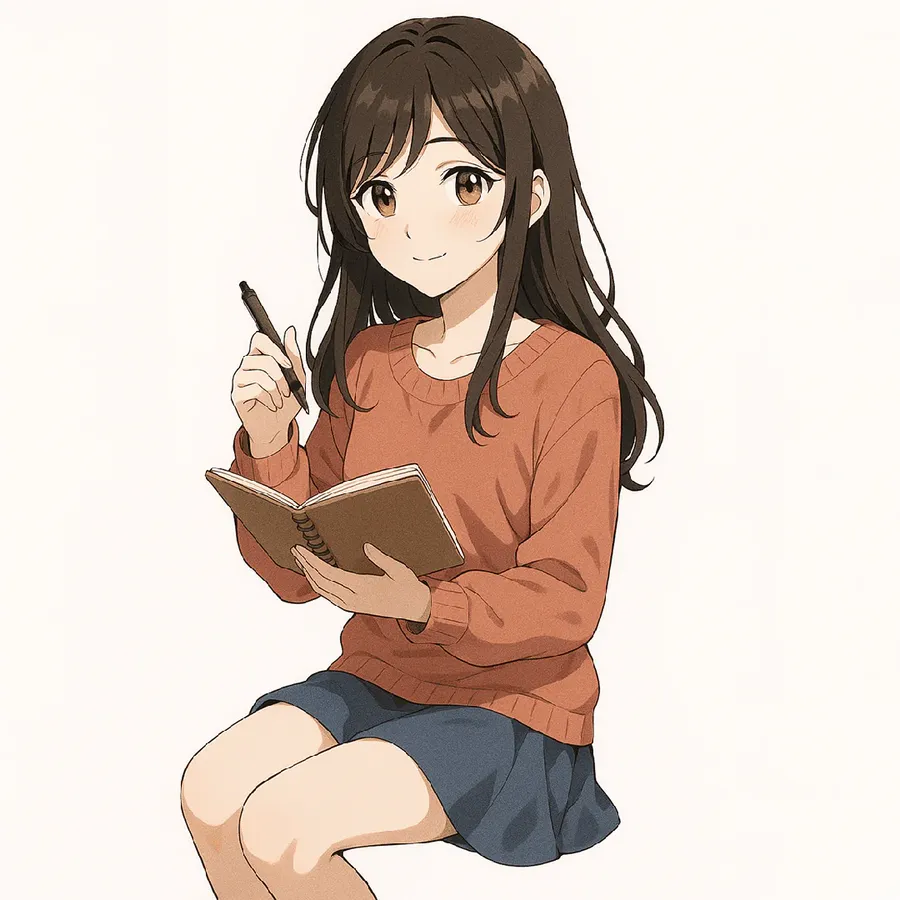 Anime girl with a sketchbook, laid over the paper